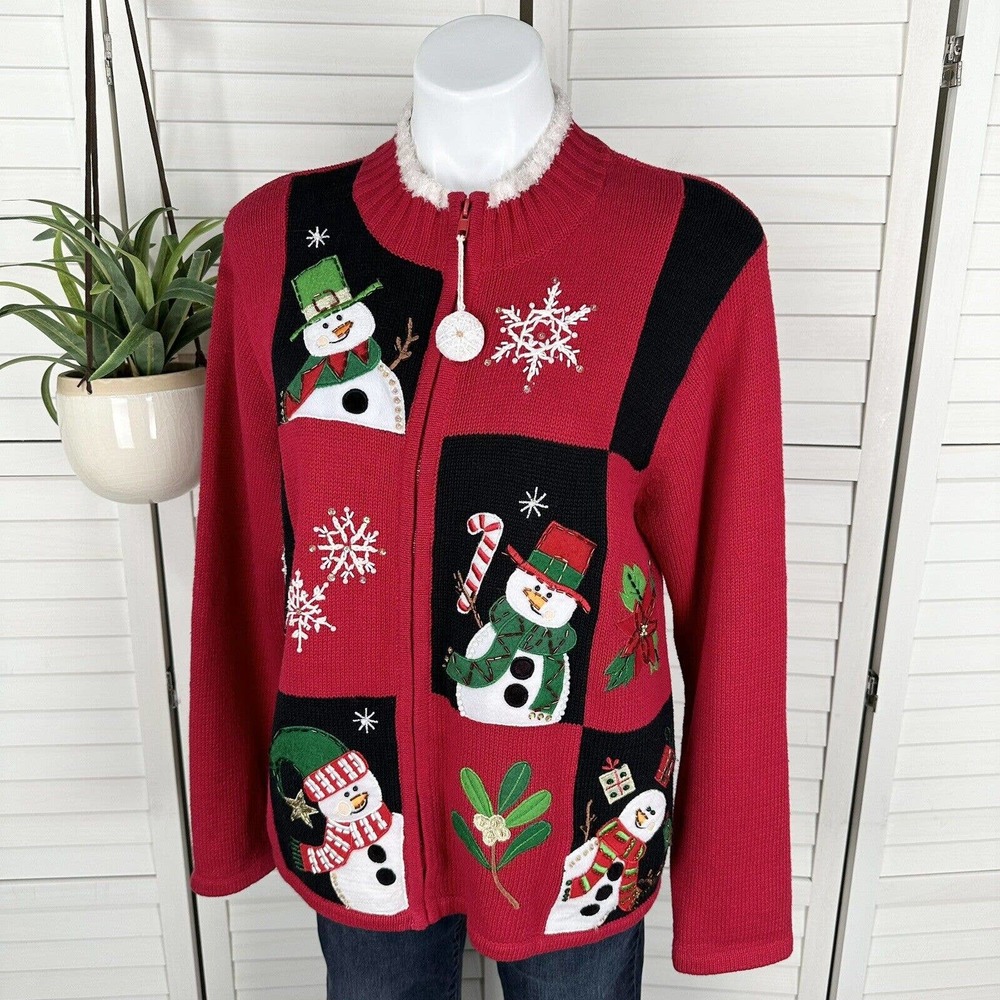 Vtg Tiara International Zip Cardigan Christmas Sweater Snowmen Beaded‎ Size L